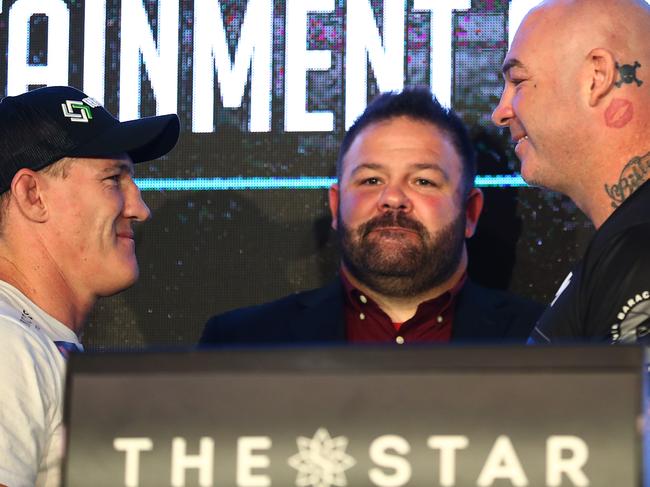 SYDNEY, AUSTRALIA - APRIL 19: Paul Gallen and Lucas Browne pose during the press conference ahead of their fight at The Star on April 19, 2021 in Sydney, Australia. (Photo by Mark Metcalfe/Getty Images)