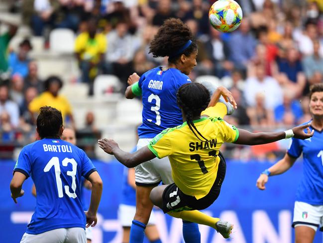 Jamaica's Khadija Shaw gives away a foul against Italy in there Group C match.