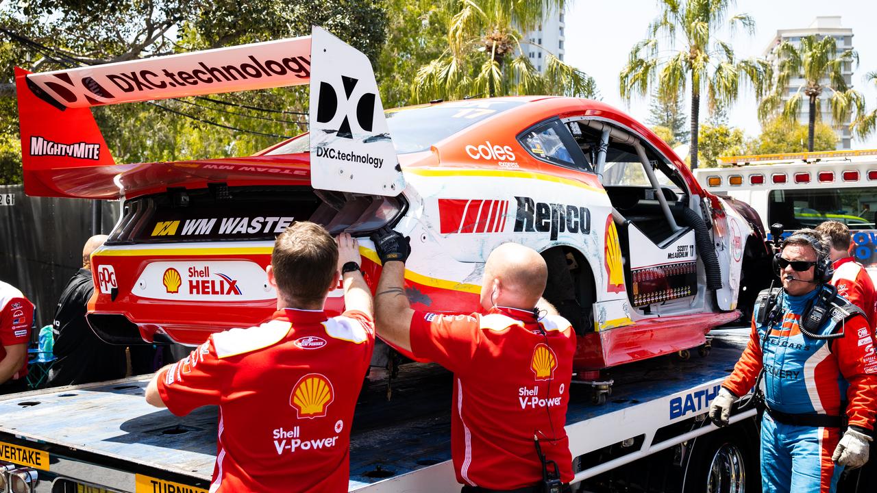 The car of Scott McLaughlin is returned to the pits. Picture: Daniel Kalisz