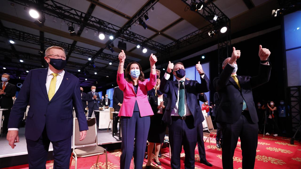 Members of the Brisbane 2032 delegation (L-R) John Coates AC, President, Australian Olympic Committee, Annastacia Palaszczuk, Adrian Schrinner, and Richard Colbeck celebrate after Brisbane was announced as the 2032 Summer Olympics host city during the 138th IOC Session at Hotel Okura in Tokyo, Japan. (Photo by Toru Hanai/Getty Images)