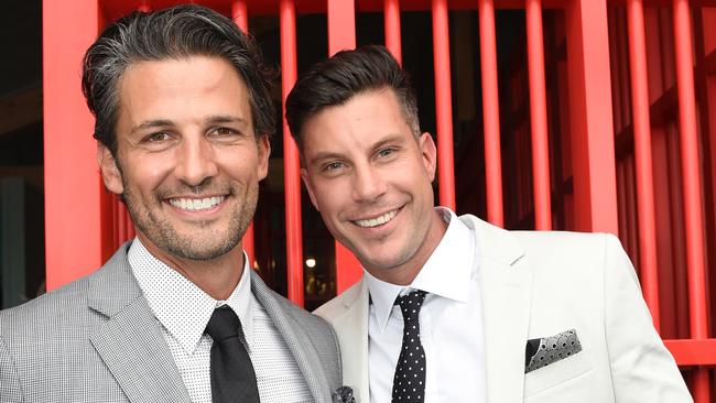 The Bachelor contestants Tim Robards (left) and Sam Wood in the Birdcage on Victoria Derby Day in Flemington Saturday Oct. 31, 2015. Picture: AAP Image/Tracey Nearmy