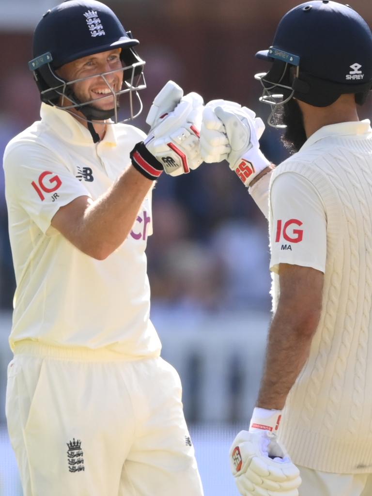 Joe Root celebrates his 150 with Moeen Ali at Lord's this week. Picture: Getty Images