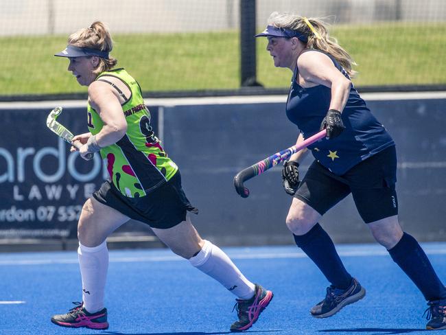 Hells Gellz V Star Strikers in action in the Pan Pacific Masters Games Hockey tournament. Picture: Glenn Campbell