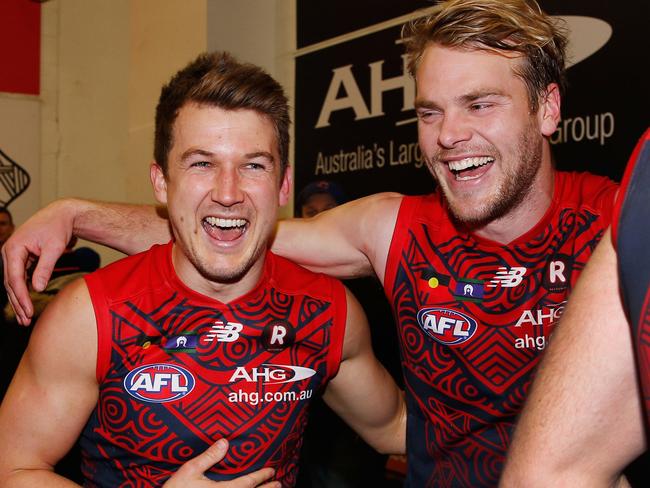 MELBOURNE, AUSTRALIA - JULY 22:  Jack Trengove (L) celebrates the win with Jack Watts of the Demons during the round 18 AFL match between the Melbourne Demons and the Port Adelaide Power at Melbourne Cricket Ground on July 22, 2017 in Melbourne, Australia.  (Photo by Michael Dodge/Getty Images)
