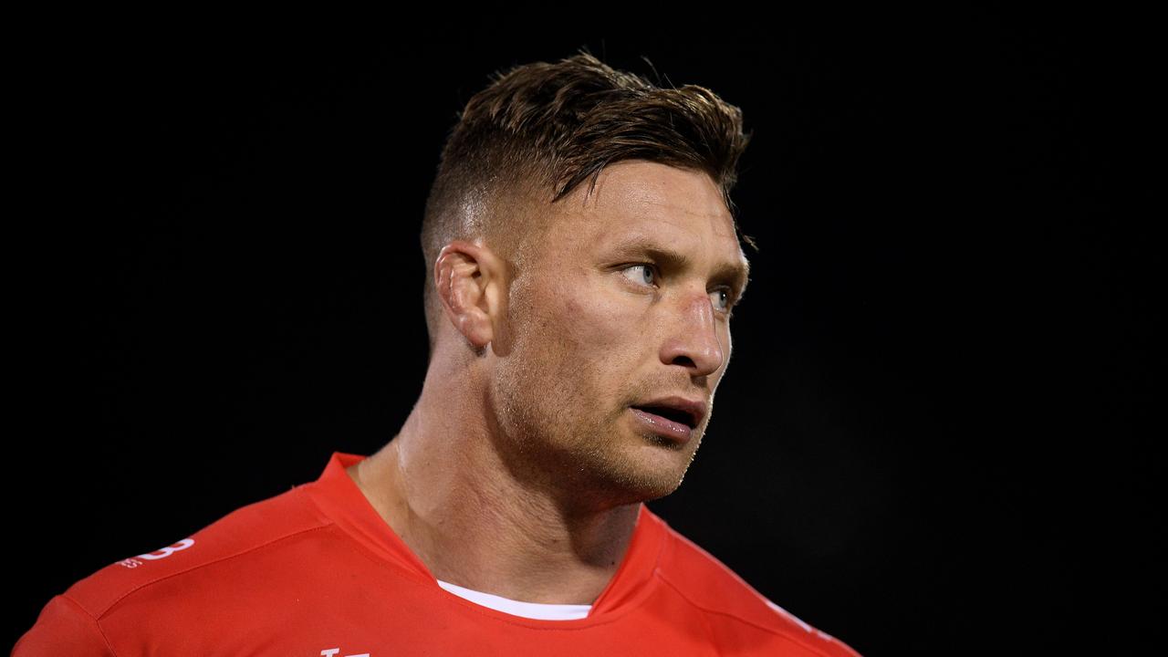 Tariq Sims of the Dragons looks on during the Round 18 NRL match between the Penrith Panthers and the St George Illawarra Dragons at Panthers Stadium in Sydney, Friday, July 19, 2019. (AAP Image/Dan Himbrechts) NO ARCHIVING, EDITORIAL USE ONLY