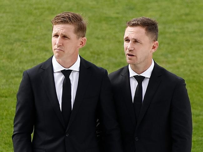 Scott (left) and Joel during Troy Selwood's funeral in February. (Photo by Michael Willson/AFL Photos via Getty Images)