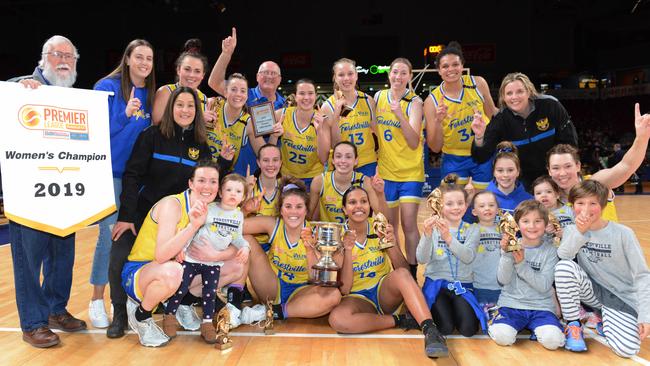 Forestville celebrates after winning the 2019 women’s Premier League basketball grand final against Sturt at Basketball SA Stadium on Saturday night. Picture: AAP/Brenton Edwards