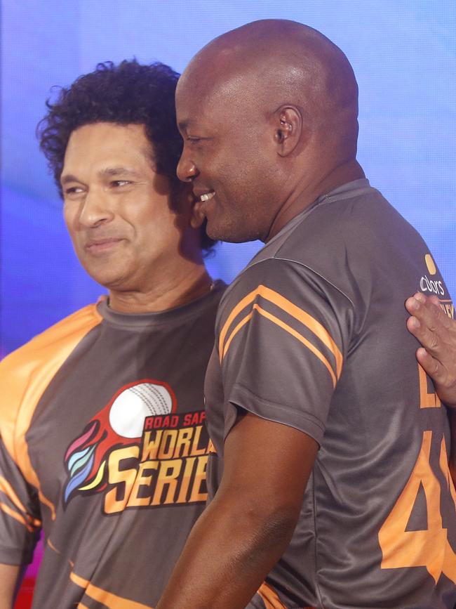 Former cricketers West Indies’ Brian Lara is greeted by India’s Sachin Tendulkar during an event to announce the Road Safety World Series in Mumbai. The World Series will be an annual Twenty20 tournament played by retired cricketers from Australia, South Africa, Sri Lanka, West Indies and India. Picture: AP / Rafiq Maqbool