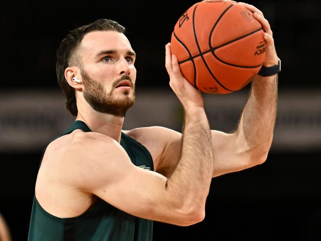 CAIRNS, AUSTRALIA - FEBRUARY 01: Sean Macdonald of the Jackjumpers warms up prior to the round 18 NBL match between Cairns Taipans and Tasmania Jackjumpers at Cairns Convention Centre, on February 01, 2024, in Cairns, Australia. (Photo by Emily Barker/Getty Images)