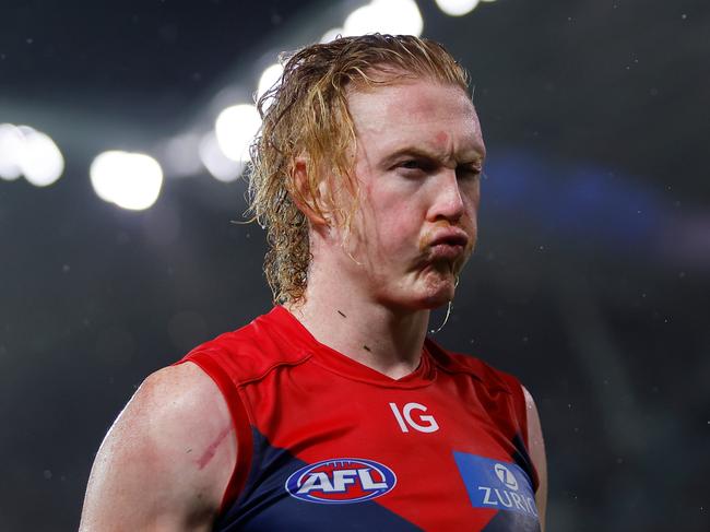 ADELAIDE, AUSTRALIA - APRIL 15: Clayton Oliver of the Demons leaves the field after a loss during the 2023 AFL Round 05 match between the Essendon Bombers and the Melbourne Demons at Adelaide Oval on April 15, 2023 in Adelaide, Australia. (Photo by Dylan Burns/AFL Photos via Getty Images)