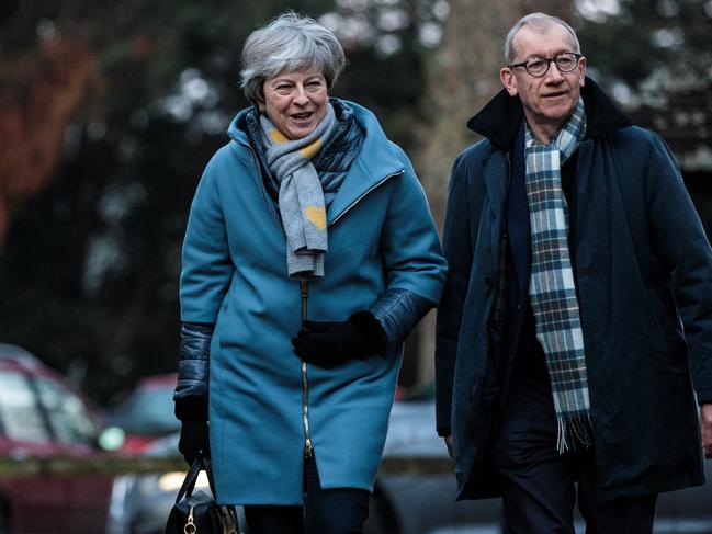 AYLESBURY, ENGLAND - JANUARY 20: British Prime Minister Theresa May and her husband Philip May attend a Sunday church service on January 20, 2019 in Aylesbury, England. A group of MPs are expected to present a bill on Monday which could allow Brexit to be delayed if Parliament does not approve an EU withdrawal agreement.  (Photo by Jack Taylor/Getty Images) ***BESTPIX***