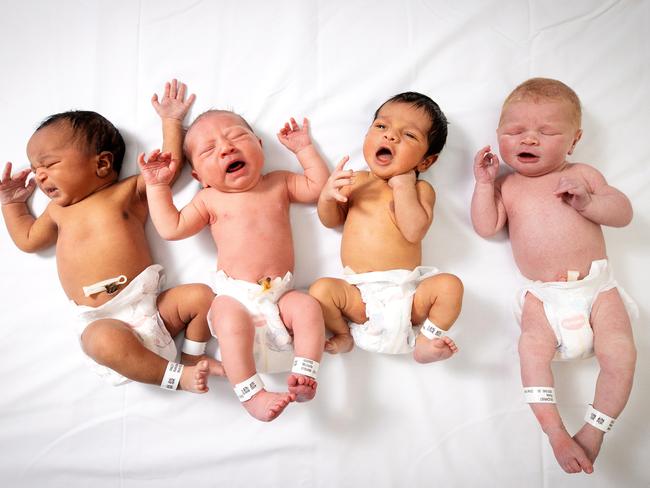 MELBOURNE, DECEMBER 30, 2022: The new faces of 2023 at the Royal WomenÃs Hospital. Newborns L-R: Zema Anley, Millie Harris, Baby Mohammed, Louis Gilchrist. Picture: Mark Stewart