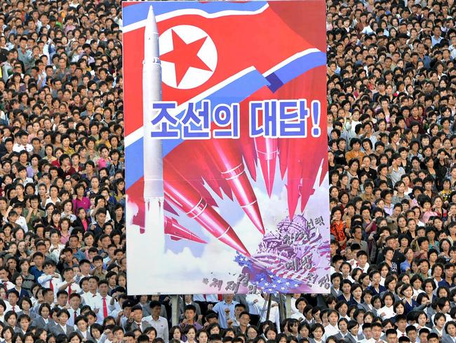 A anti-US rally in Kim Il-sung Square lauded leader Kim Jong-un’s denunciation of US President Donald Trump. Picture: AFP/KCNA