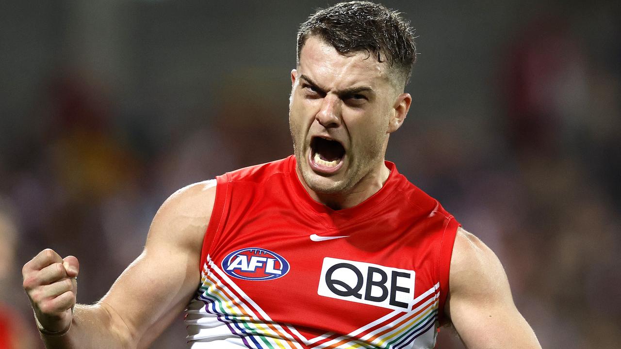 Sydney's Tom Papley celebrates kicking a goal during the AFL Round 13 Pride Game match between the Sydney Swans and St. Kilda Saints at the SCG on June 8, 2023. Photo by Phil Hillyard (Image Supplied for Editorial Use only - **NO ON SALES** - Â©Phil Hillyard )