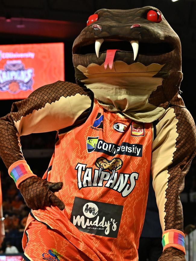 Cairns Taipans mascot Joe Blake sports the NBL’s Pride Round logo on its jersey. Picture: Getty Images