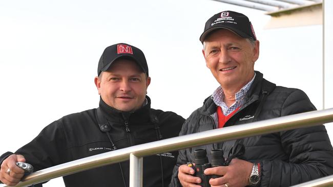Redzel trainers Peter (right) and Paul Snowden are seen during trackwork at Royal Randwick Racecourse in Sydney, Monday, October 14, 2019. (AAP Image/Simon Bullard) NO ARCHIVING, EDITORIAL USE ONLY