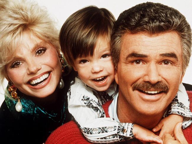 Family ... Burt Reynolds (r) with wife Loni Anderson (l) and son Quentin Reynolds. Picture: Supplied