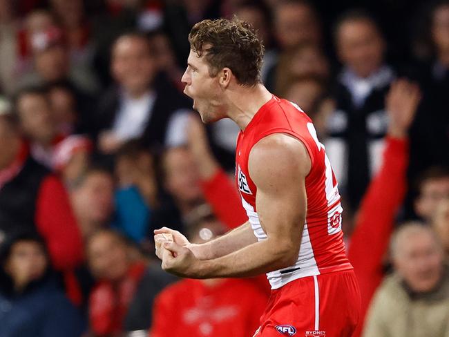 SYDNEY, AUSTRALIA - AUGUST 09: Luke Parker of the Swans celebrates a goal during the 2024 AFL Round 22 match between the Sydney Swans and the Collingwood Magpies at The Sydney Cricket Ground on August 09, 2024 in Sydney, Australia. (Photo by Michael Willson/AFL Photos via Getty Images)