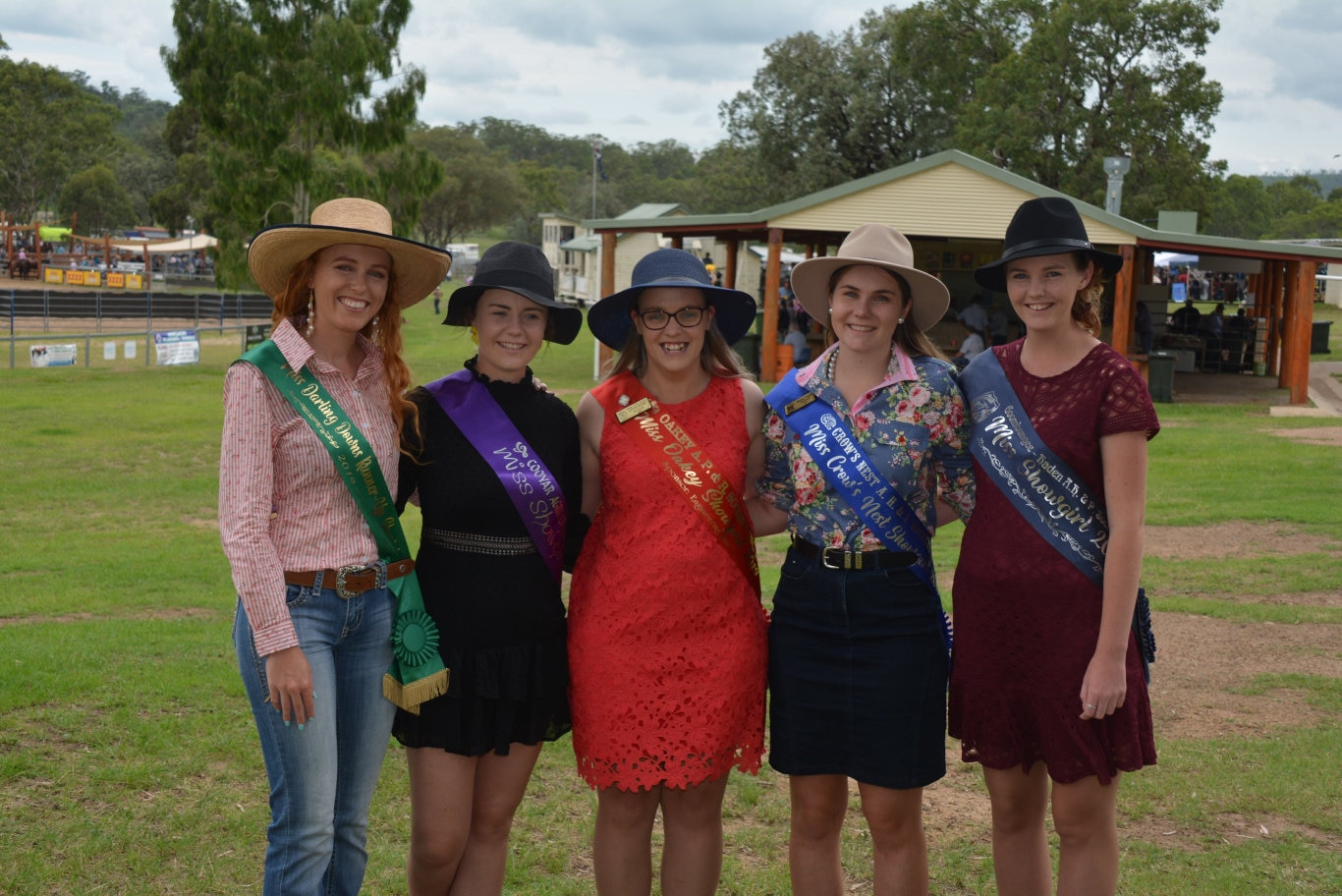 All the Showgirls from across the region, Jasmine Kidman, Brooke Barron, Louise Byers, Bethany Campbell and Tomika Pickering at the Cooyar Show. Picture: Kate McCormack