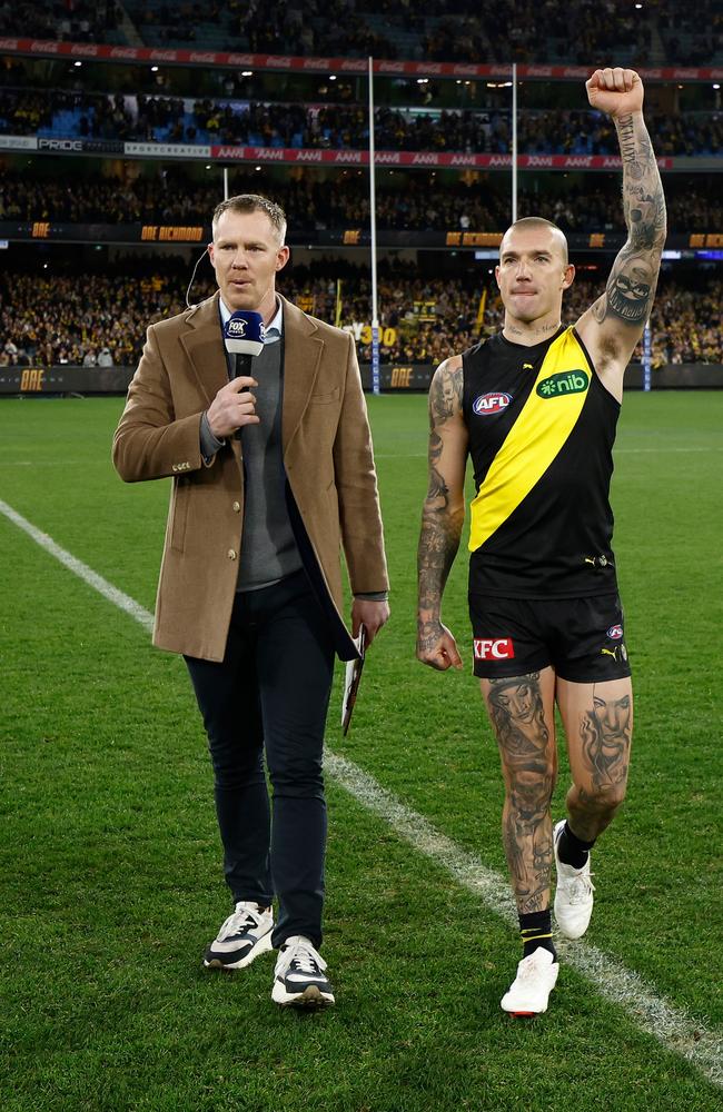 Dustin Martin was interviewed by former teammate Jack Riewoldt after this 300th match in June. Picture: Michael Willson/AFL Photos via Getty Images.