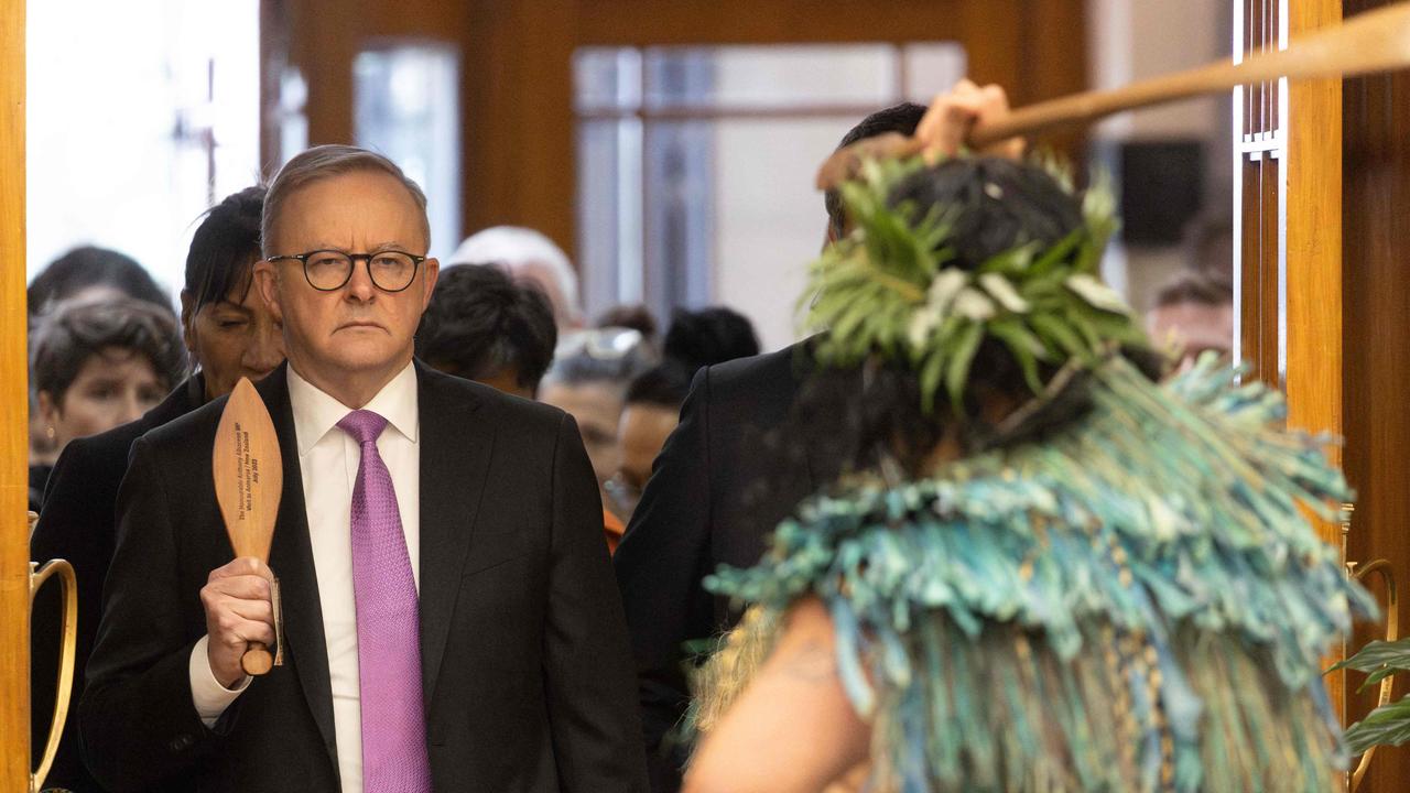 Mr Albanese was greeted by a traditional Maori welcome ceremony at parliament in Wellington. Picture: Marty Melville / AFP