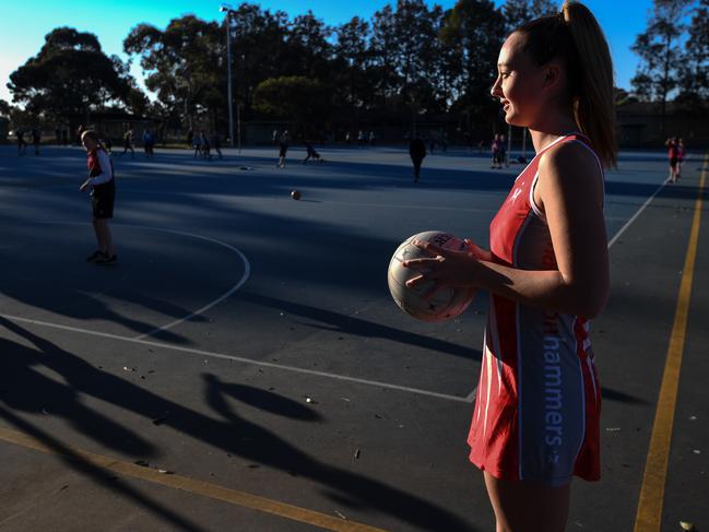 Bella Hodgson trains at the rundown Thomas St outdoor netball courts. Picture: Penny Stephens