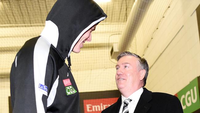 Mason Cox and Eddie McGuire share a moment after the 2018 grand final. Picture: Nicole Garmston