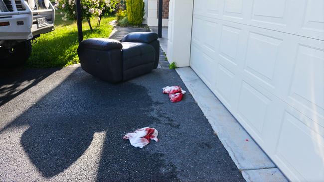 Bloodied towels at the scene of the attack in Littlehampton. Picture: AAP / Brenton Edwards