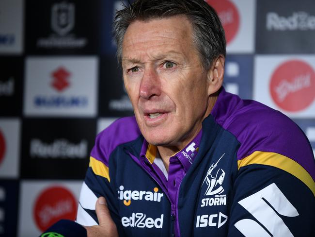 Storm coach Craig Bellamy speaks to media during the Round 7 NRL between Melbourne Storm and New Zealand Warriors at Netsrata Jubilee Stadium in Sydney, Friday, June 26, 2020. (AAP Image/Joel Carrett) NO ARCHIVING, EDITORIAL USE ONLY