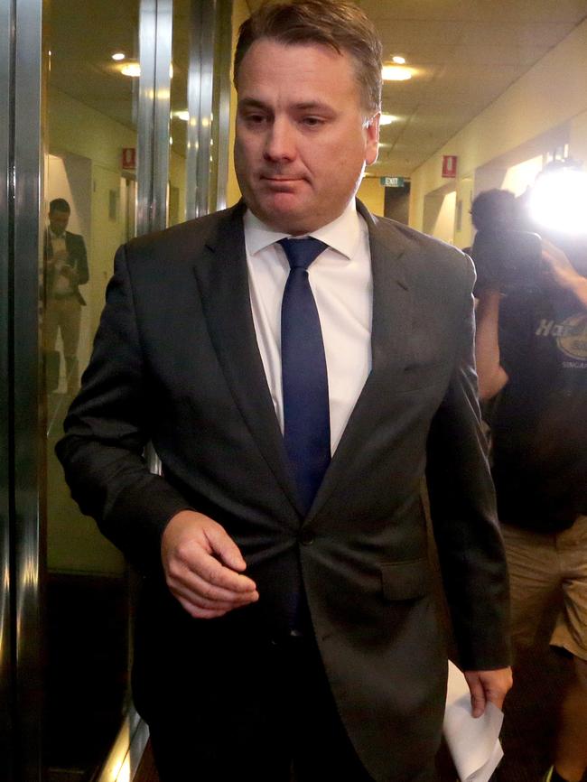 Former minister Jamie Briggs speaks to media about the late-night incident that involved a female public servant in a Hong Kong bar. Picture:  Kelly Barnes/The Australian