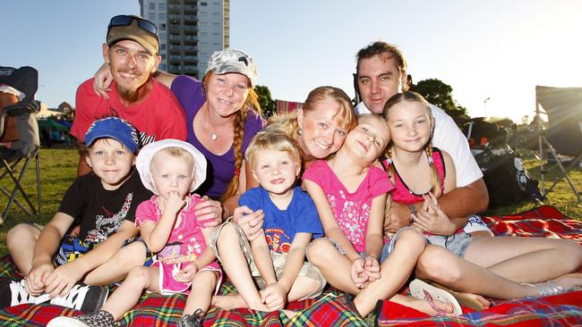 Michael Jeffrey and Sarah King of Grafton and Karen Jeffrey and Simon Davis of Fernvale (rear from left) and Corbin Jeffrey, 6, Ellie-Mai Jeffrey, 2, Deakon Jeffrey, 4, Charlotte Jeffrey, 6, and Talia Jeffrey, 11, (front from left) at 2010 New Year’s Eve celebrations in Timothy Moloney Park, Ipswich. Picture: David Nielsen
