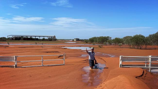 Lach McClymont at inundated Kalyeeda Station in the St George Ranges. Picture: Camille McClymont