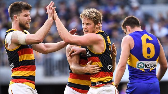 Rory Sloane of the Crows celebrates after scoring a goal during the match against the Eagles. Picture: Getty Images