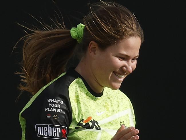 MELBOURNE, AUSTRALIA - NOVEMBER 01: Hannah Darlington of the Thunder celebrates the dismissal of Georgia Prestwidge of the Renegades during the WBBL match between Melbourne Renegades and Sydney Thunder at CitiPower Centre, on November 01, 2023, in Melbourne, Australia. (Photo by Daniel Pockett/Getty Images)