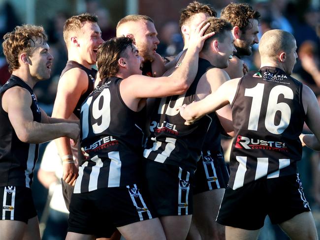 Ballarat FNL grand final: Darley v North Ballarat: Billy Myers of Darley celebrates the winning goal with team mates at City Oval on September 23, 2023 in Lake Wendouree, Australia.Picture: Hamish Blair