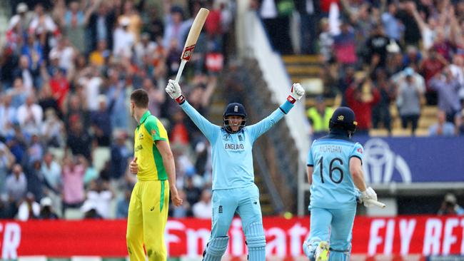 BIRMINGHAM, ENGLAND - JULY 11:  Joe Root of England celebrates as Eoin Morgan of England scores the winning runs to secure victory and send England to the final during the Semi-Final match of the ICC Cricket World Cup 2019 between Australia and England at Edgbaston on July 11, 2019 in Birmingham, England. (Photo by Michael Steele/Getty Images)