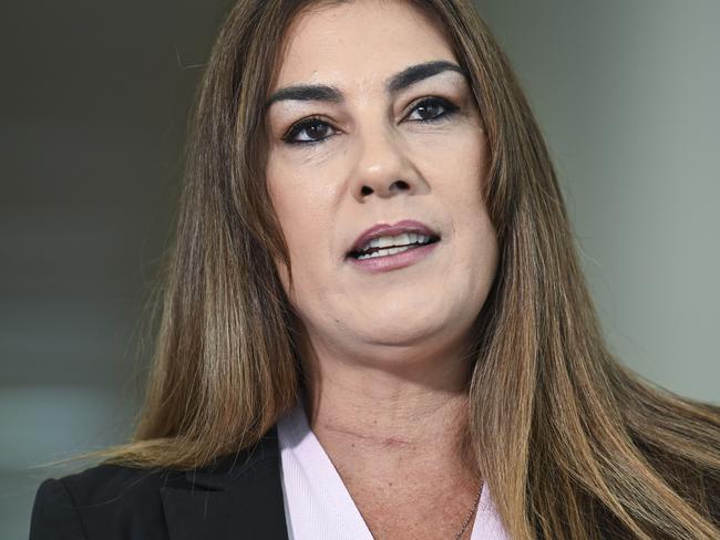 CANBERRA, AUSTRALIA  - NewsWire Photos - November 19, 2024: Senator Senator Lidia Thorpe holds a doorstop press conference wearing a “Not My King" necklace at Parliament House in Canberra. Picture: NewsWire / Martin Ollman