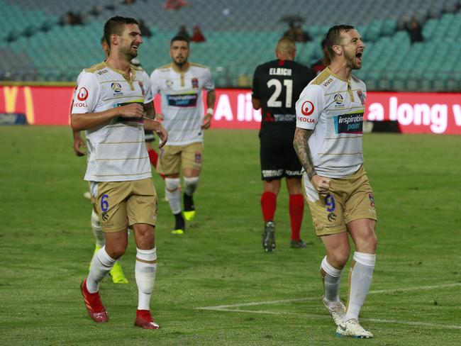 SYDNEY, AUSTRALIA - FEBRUARY 01: Roy O'Donovan of the Jets celebrates a goal during the round 17 A-League match between the Western Sydney Wanderers and the Newcastle Jets at ANZ Stadium on February 01, 2019 in Sydney, Australia. (Photo by Mark Evans/Getty Images)