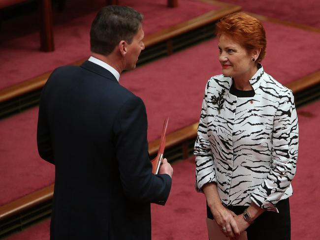 One Nation leader Pauline Hanson says she has “no problems” working with Cory Bernardi. Picture: Kym Smith