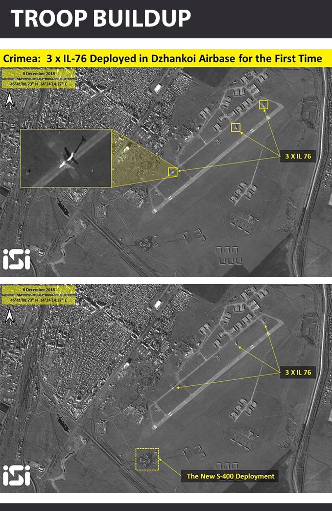 Russian heavy cargo aircraft associated with an elite airborne division, and a new emplacement of S-400 ground-to-air missiles, at Dzhankoi in occupied Crimea. Pictures: ImageSat International via Fox News