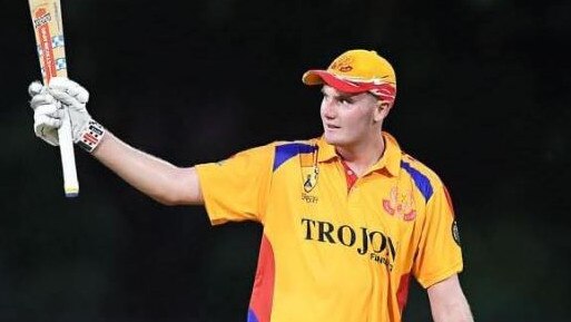 Josh Kann raises his bat after scoring a century for Tracy Village in Darwin’s T20 competition. Picture: Josh Kann Cricket.