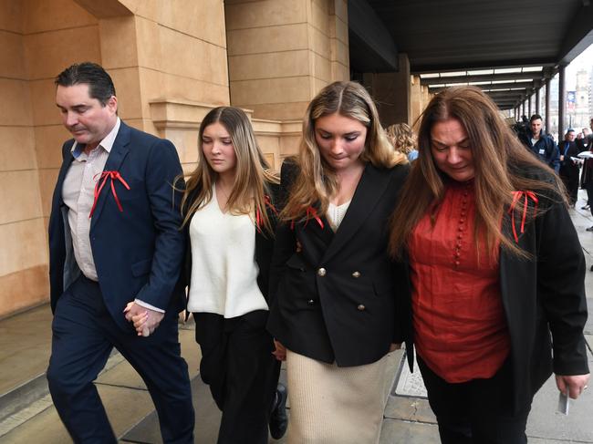 Sophia Naismith family (l-r) father Luke Naismith, sisters Ursula and Saskia and mother Pia Vogrin, leave court after a not-guilty verdict of causing death by dangerous driving to Sophia Naismith was handed down to Alexander Campbell at the District Court. Picture: NCA NewsWire/ Tricia Watkinson