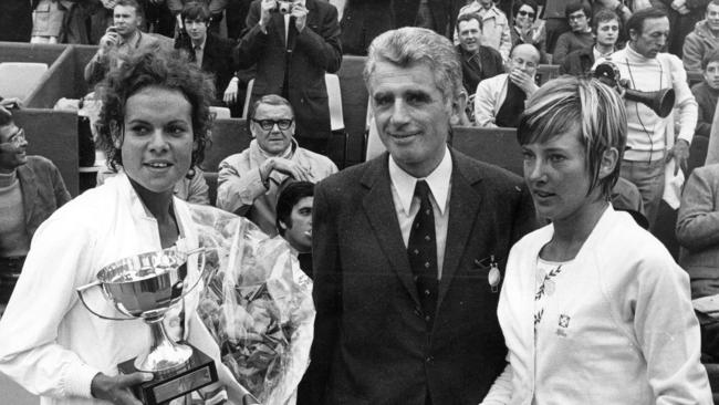 Evonne Goolagong-Cawley celebrating her 1971 French Open success with runner-up Helen Gourlay and French Tennis Federation president Marcel Bernard. Picture: United Press International