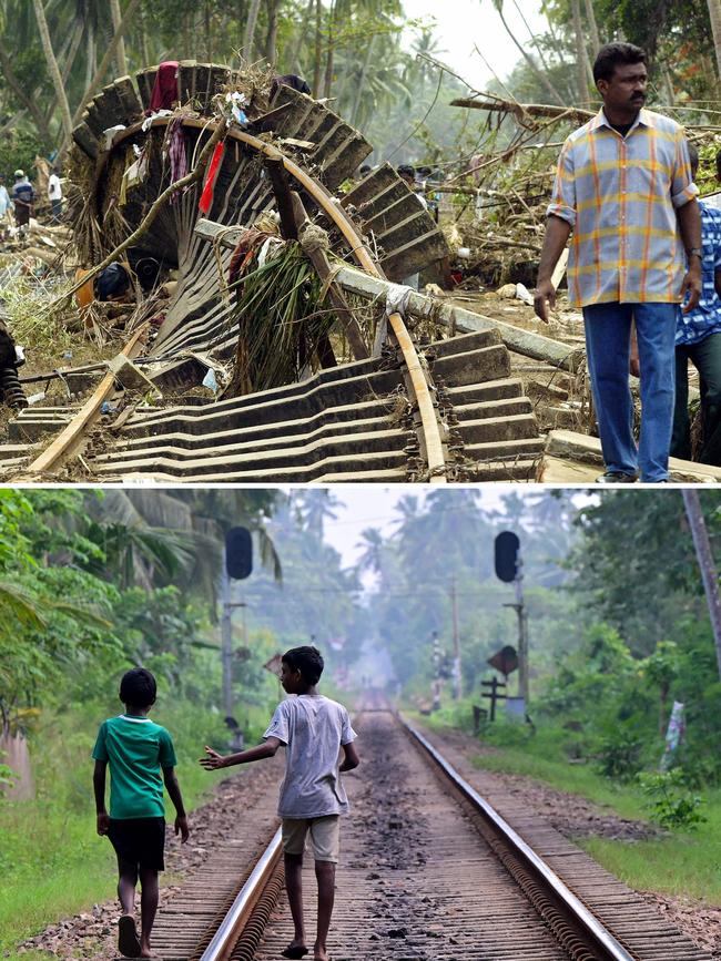 A resident walking past a railway track, which was damaged by the December 26, 2004 tsunami, in Sinigame, near the tourist town of Hikaduwa on the southwestern coast of Sri Lanka on December 29, 2004 (top) and boys walking along a railway track in the same location on December 1, 2024. Picture: AFP