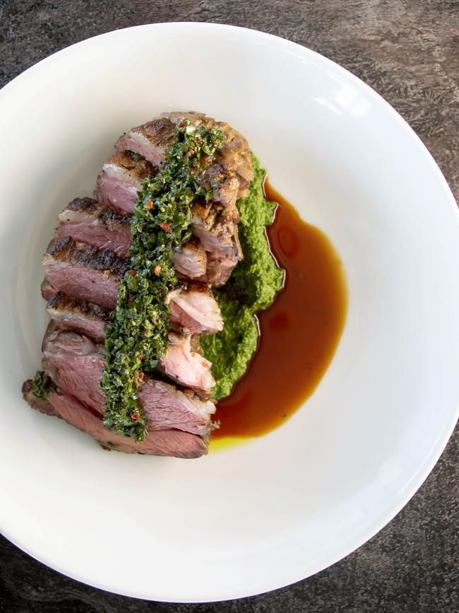 Grain of the Silos’ lamb rump, which is sourced from Flinders Island and served on a bed of parsley pesto. Picture: Karis Bissett