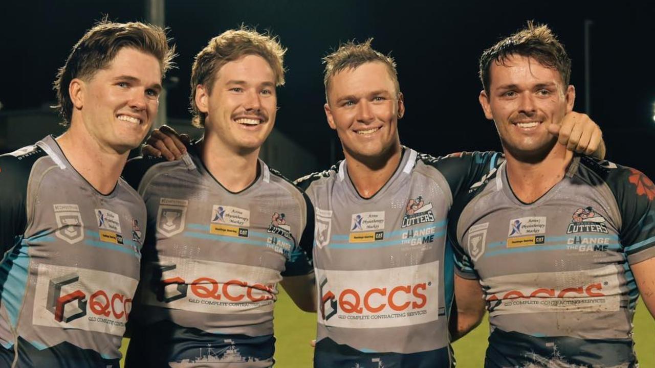 Brandon Finnegan, Jake Riley, Kyle Kennedy and Sean Mullany after their 24-12 win against the Brisbane Tigers. Picture: Sheridan Hunt.