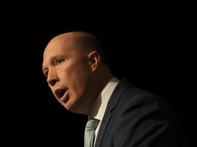 Australian Home Affairs Minister Peter Dutton speaks during the Australian Cyber Security Centre (ACSC) ACSC2018 conference in Canberra, Wednesday, April 11, 2018. (AAP Image/Lukas Coch) NO ARCHIVING