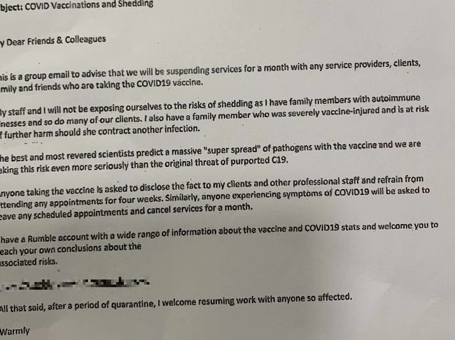 An email sent from Ms Bawden made false claims about the Covid-19 vaccine. Picture Supplied/Rod Pearce