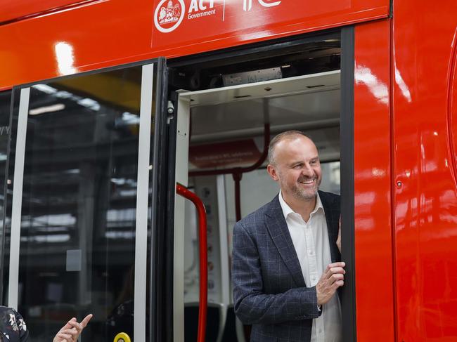 ACT Labor leader and Chief Minister Andrew Barr at the Mitchell Light Rail Depot in Canberra with Yvette Berry Deputy Chief Minister. Picture by Sean Davey.