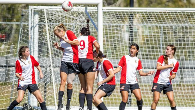 Kelvin Grove State College defending against Chancellor State College in the Queensland Schools Premier League soccer semi-finals at Logan, Thursday, August 13, 2020 - Picture: Richard Walker